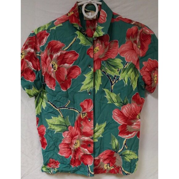 Liz Claiborne Lizwear Womens Small Green Red Floral Hawaiian Button Rayon Top - Picture 1 of 8